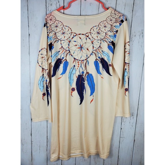 Ameri Mode Women's Dreamcatcher Printed Long Tunic Blouse Size S/M Beige Blue - Picture 3 of 8